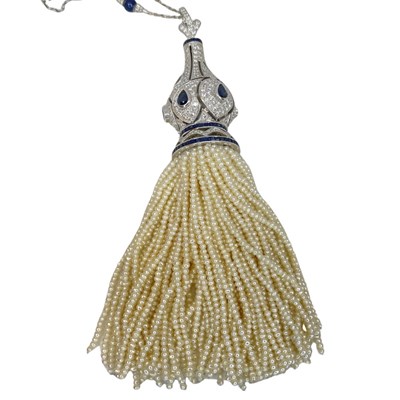 Lot 73 - Sapphire, Diamond and Pearl tassle pendant in 18ct white gold