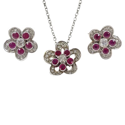 Lot 74 - A Floral 18ct White Gold Ruby and Diamond Pendant and Earring set