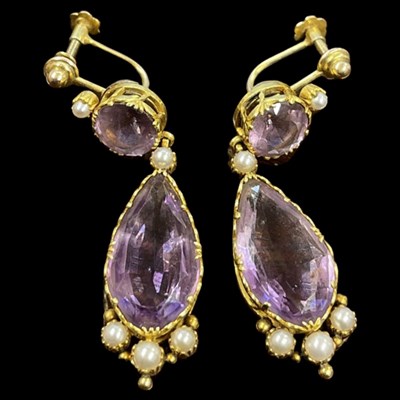 Lot 66 - A Pair of Amethyst and Pearl drop Earrings