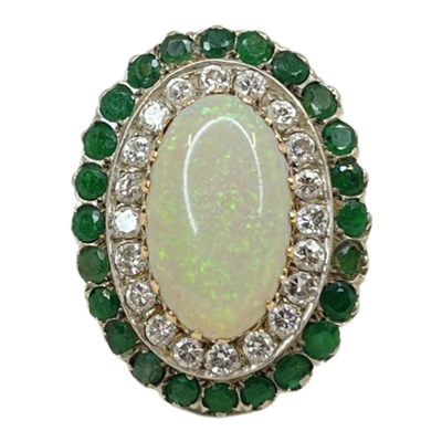 Lot 67 - An Opal, Diamond and Emerald Cluster Ring