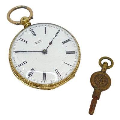 Lot 154 - A late 19th century Swiss, open face, key wind, cylinder fob watch.