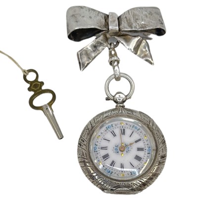 Lot 151 - A late 19th century Swiss silver cased, open face, key wind, cylinder fob watch and bow brooch.