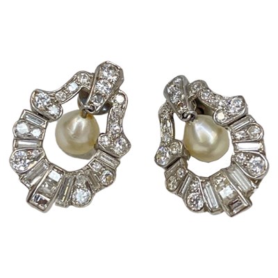 Lot 51 - A Pair of Fine Art-Deco Natural Pearl and Diamond Pendant Earrings, mounted in Platinum