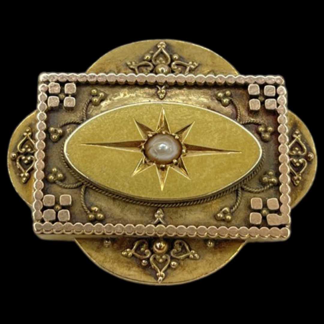 Lot 18 - A Victorian Yellow Gold Split Pearl Etruscan Style Brooch.