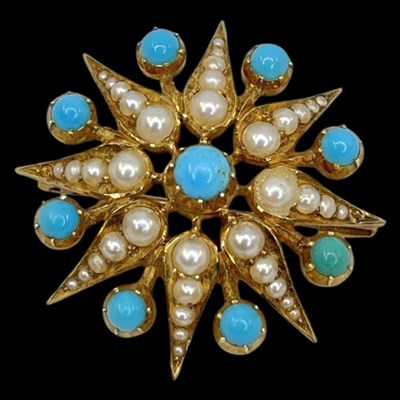 Lot 20 - A Victorian Split Pearl and Turquoise Star Brooch.