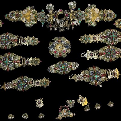 Lot 89 - An impressive suite of Emerald, Ruby, Natural Pearl and Enamel Renaissance  style regalia/jewellery in the style of Froment-Meurice but probably of Indian manufacture circa 1820-1830