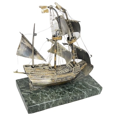 Lot 85 - Silver Model of 'The Mayflower, 1620' on Marble Base.  Birmingham 1981